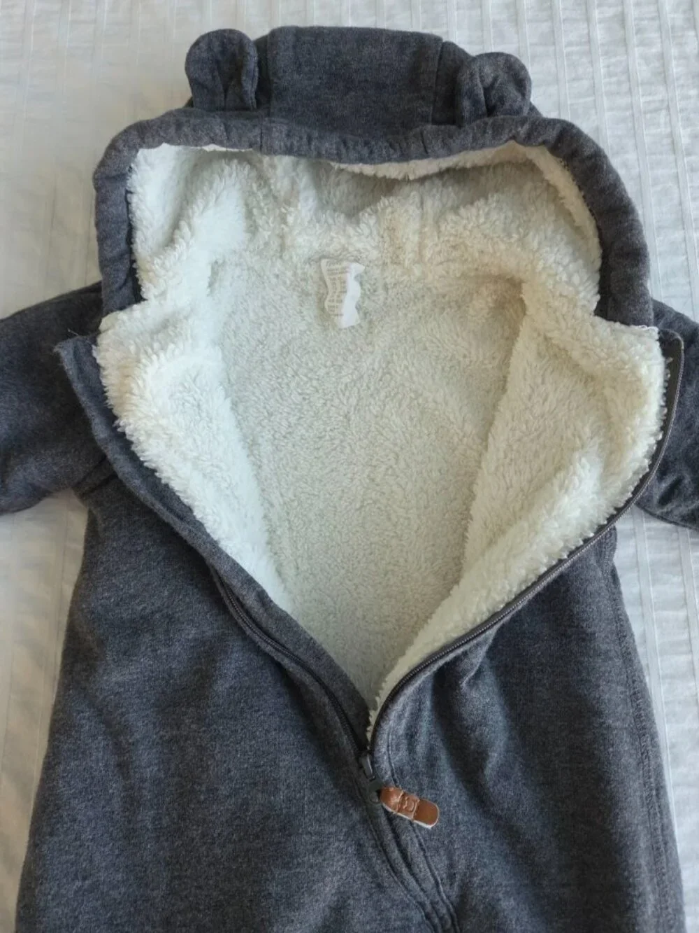 H&M Baby Hooded Sherpa Pram Suit Gray 2-4 Months Bear Ears Organic Cotton Buntin